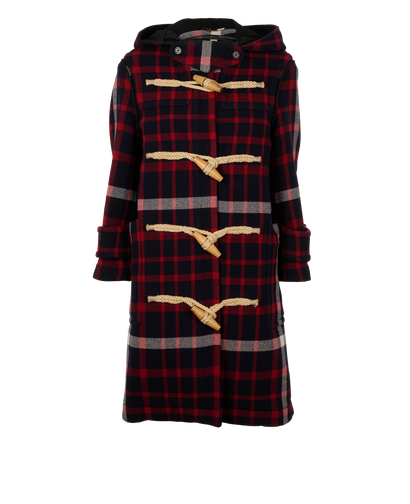 Burberry Plaid Duffle Coat, &pound;420, Clothing, Blue/Red, Polyester Mix/Wool, Front view