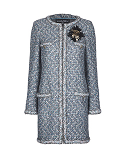 Chanel W/ Brooch 2014 Tweed Coat, Blue, UK 10
