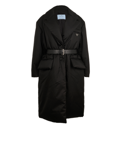 Prada Belted Long Logo Puffer Coat, &pound;2,500, Clothing, Black, Nylon, Front view