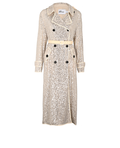 Self-Portrait Sequin Trench Coat, £250, Clothing, Silver, Polyester (Polymer), Front view