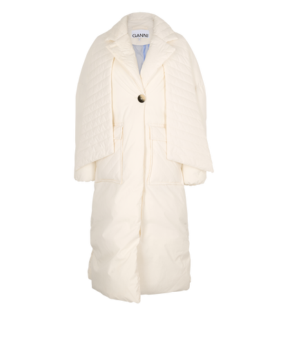 Ganni Tech Puffer Coat With Scarf, &pound;150, Clothing, White, Polyester (Polymer), Front view