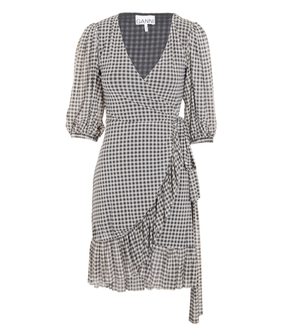 Ganni Check Wrap Dress, &pound;110, Clothing, Black/Grey, Polyester (Polymer), Front view