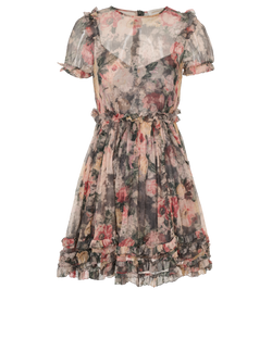 Zimmermann Short-Sleeve Floral Dress, Silk, Grey/Pink, UK8, 2*