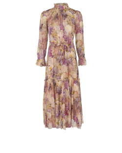 Zimmermann Floral Tie-Waist Midi Dress, Viscose, Pink/Purple/Beige,UK8,3*