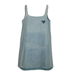 Prada Logo-Plaque Distressed Sleeveless Dress, Cotton, Blue, UK 14, 3*