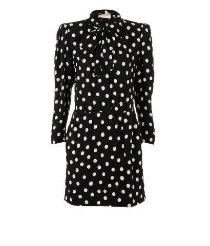 Saint Laurent Polka Dot Tie-Neck Dress, &pound;330, Clothing, Black, Viscose, Front view