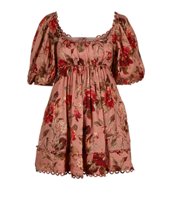 Zimmermann Floral Mini Dress, Linen, Pink, UK6, 3*