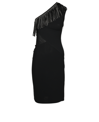 Balmain Fringed One Shoulder Mini Dress, £275, Clothing, Black, Viscose, Front view