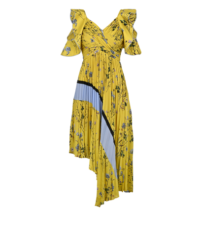 Self-Portrait Floral Pleated Asymmetrical Dress, £130, Clothing, Yellow, Polyester (Polymer), Front view