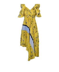 Self-Portrait Floral Pleated Asymmetrical Dress, Poly, Yellow, UK 6, 3*