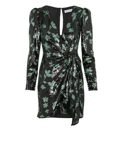 Self-Portrait Leaf Pattern Mini Dress, &pound;110, Clothing, Black/Green, Polyester (Polymer), Front view