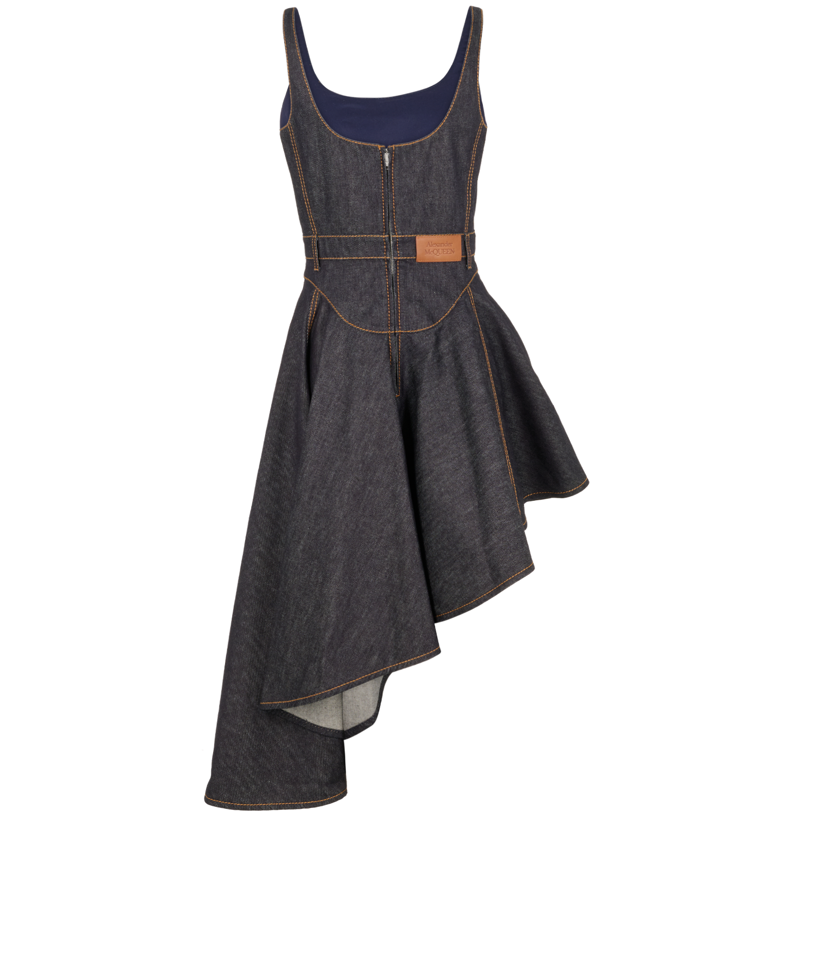 Alexander McQueen Asymmetric Ruffled Denim Dress, &pound;350, Clothing, Blue, Cotton, Back view