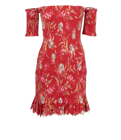 Zimmerman Shirred Off The Shoulder Dress, &pound;120, Clothing, Red, Cotton/Linen, Front view