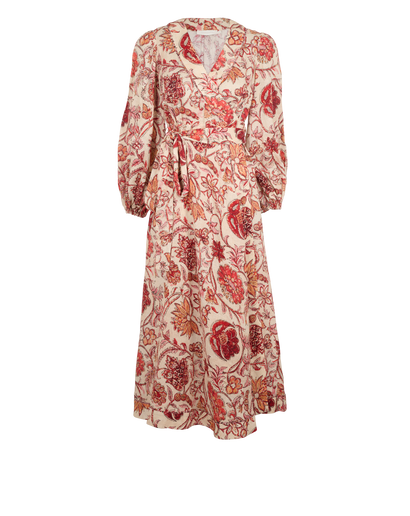 Zimmermann Vitali Wrap Midi Dress, &pound;180, Clothing, Cream/Red, Linen, Front view
