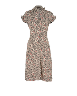 Louis Vuitton Monogram & Flower Motif Ruffled Dress,Silk,White/Blk,UK 8,2*