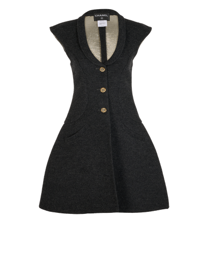 Chanel Buttoned Metallic Collar Dress, &pound;850, Clothing, Grey, Polyester (Polymer)/Silk/Wool, Front view