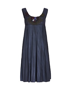 Marni Embellished Applique Pleated Shift Dress, Cotton, Navy, UK 12