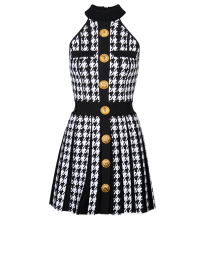 Balmain Houndstooth Pleated Dress, &pound;495, Clothing, Black/White, Viscose, Front view