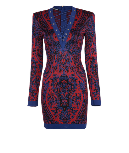 Balmain Lace-Up Paisley Stretch-Knit Dress, front view