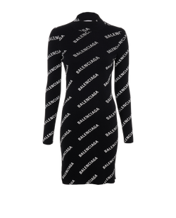 Balenciaga Logo Long Sleeve Dress, Poly, Black/White, Sz M, 2*