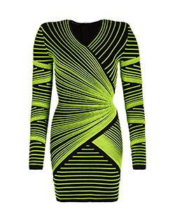 Balmain Long Sleeve Knitted Dress, Viscose, Black/Neon Green, UK 6