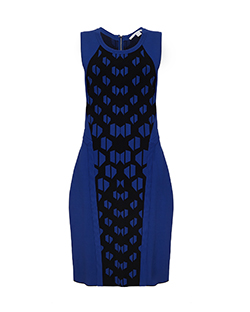 Diane Von Furstenberg BodyCon Dress, Rayon, Blue/Black, UK 14