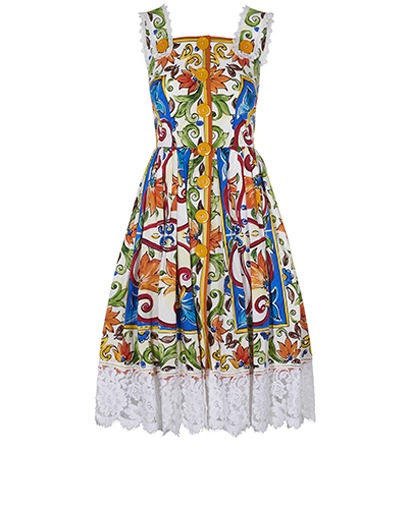 Dolce & Gabbana Majolica Print Square Neck Dress, &pound;450, Clothing, Blue/Orange/White, Cotton, Front view
