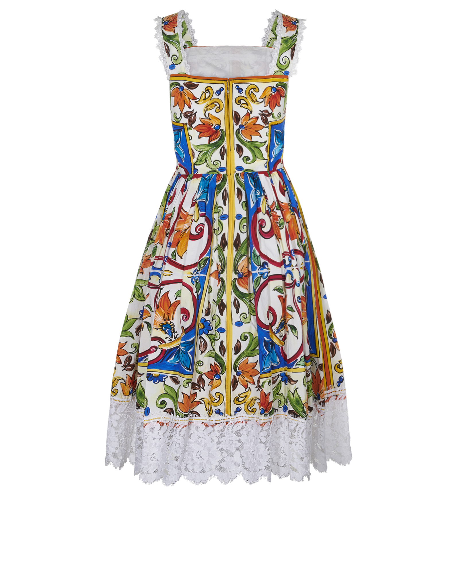 Dolce & Gabbana Majolica Print Square Neck Dress, &pound;450, Clothing, Blue/Orange/White, Cotton, Back view