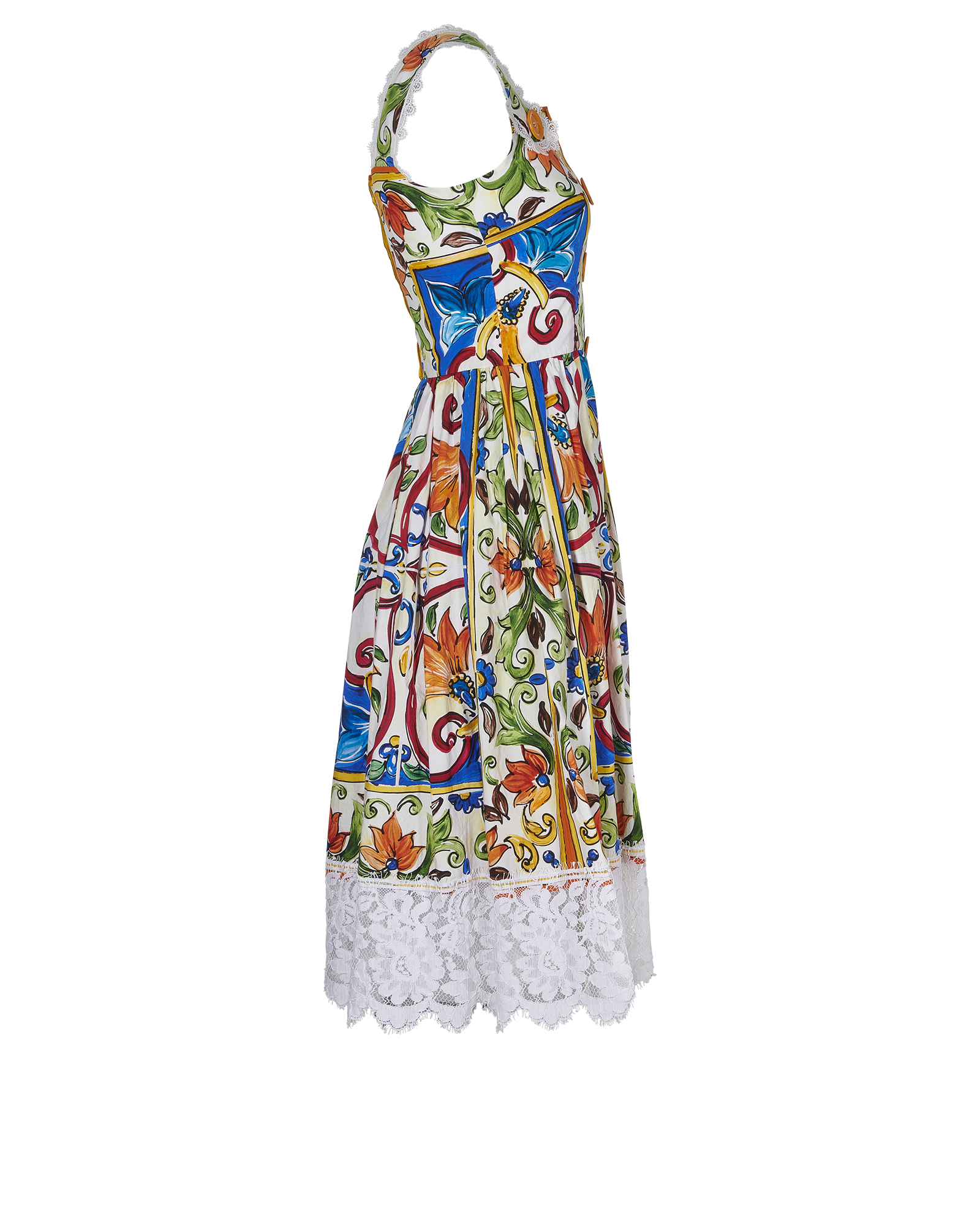 Dolce & Gabbana Majolica Print Square Neck Dress, &pound;450, Clothing, Blue/Orange/White, Cotton, Side view