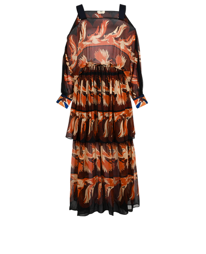 Fendi Parrot Print Cold-Shoulder Dress, £395, Clothing, Brown/Orange, Silk, Front view