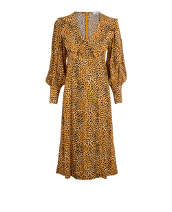 Ganni Leopard Print Collared Dress, Viscose, Orange/ Black, UK6, 3*