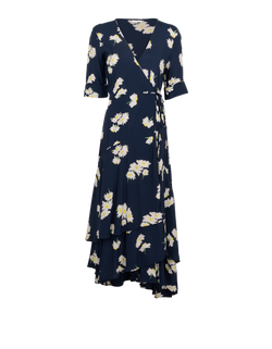 Ganni Daisy Print Wrap Dress, Viscose, Navy/Yellow, UK10, 3*
