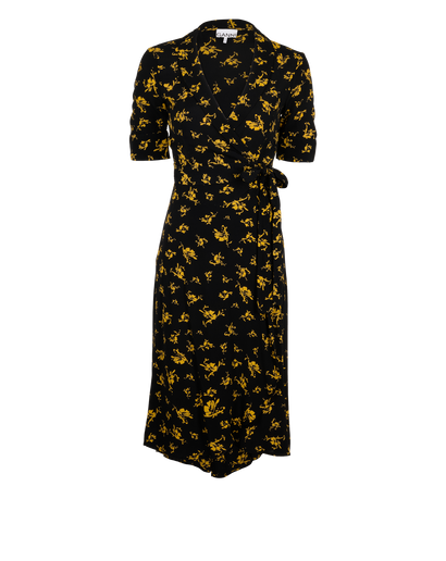 Ganni Floral Wrap Dress, &pound;60, Clothing, Black/Yellow, Viscose, Front view