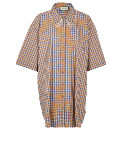 Gucci Crochet Collar Check Shirt Dress, &pound;200, Clothing, Blue/Red/Yellow, Cotton, Front view
