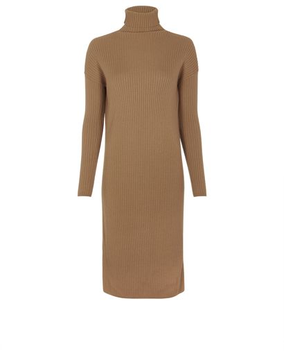 MaxMara Turtleneck Rib Knit Midi Dress, &pound;255, Clothing, Brown, Wool, Front view