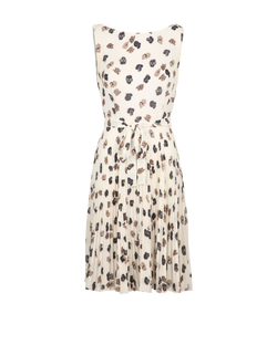 Prada Belted Floral Pleated Dress, Polyester, Cream, Sz 10, 3*