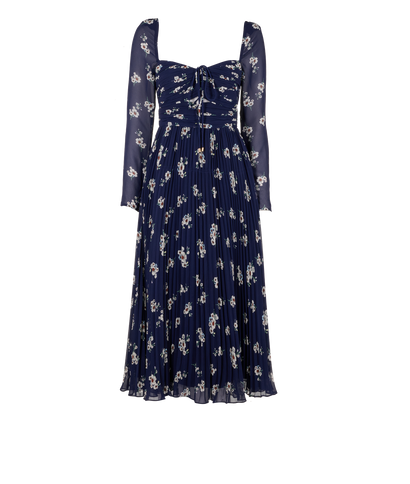 Self-Portrait Pansy Print Pleated Maxi Dress, &pound;120, Clothing, Navy, Polyester (Polymer), Front view