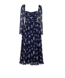 Self-Portrait Pansy Print Pleated Maxi Dress, Poly, Navy, UK8, 2*
