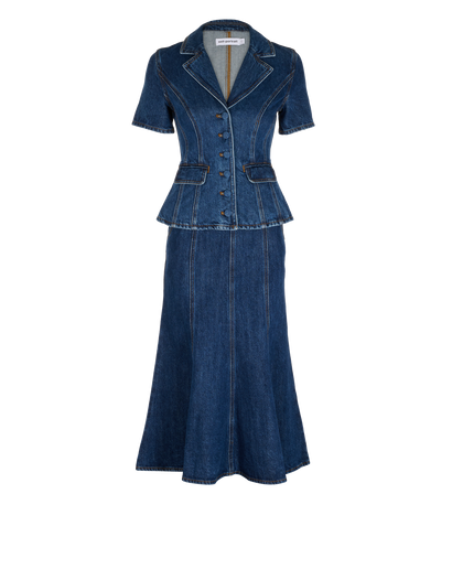 Self Portrait Flared Denim Midi Dress, &pound;140, Clothing, Blue, Cotton, Front view