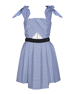Self-Portrait Striped Tie Shoulder Dress, Cotton, White/Blue, UK 14