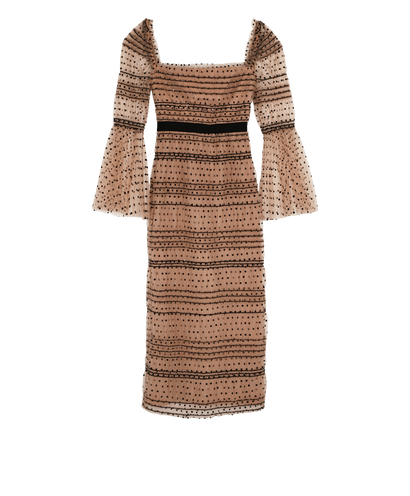 Self-Portrait Shirred Polka Dot Midi Dress, £120, Clothing, Beige/Black, Polyester (Polymer), Front view