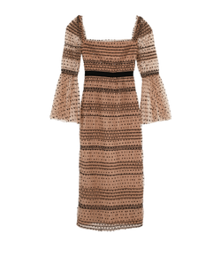 Self-Portrait Shirred Polka Dot Midi Dress, Poly, Beige/Black, UK 6, 2*