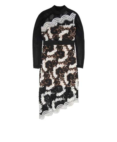 Self-Portrait Asymmetric Midi Dress, &pound;120, Clothing, Black/White, Polyester (Polymer), Front view