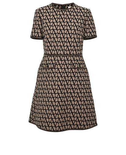 Valentino V Logo Short Sleeve Dress, &pound;450, Clothing, Beige/Black, Cotton/Lambskin Leather/Polyester Mix, Front view