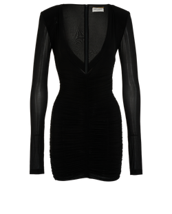 Saint Laurent V-Neck Rushed Dress, Cupro, Black, UK8, 2*