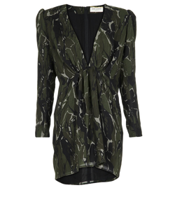 Saint Laurent V-Neck Camouflage Dress, Wool, Green, UK8