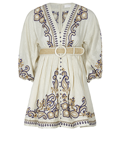 Zimmerman Aliane Paisley Embroidered Mini Dress, Linen, Cream, UK6, Belt,