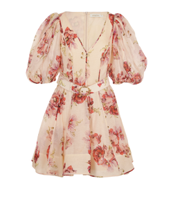 Zimmermann Floral Print Belted Dress, Linen, Beige/Pink, UK14, 2*