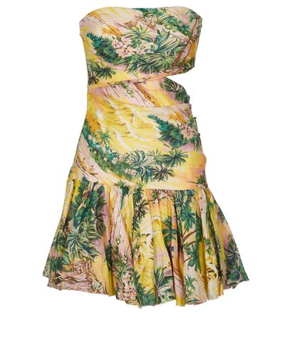 Zimmerman Tropical Print Mini Dress, &pound;150, Clothing, Green/Pink/Yellow, Linen, Front view