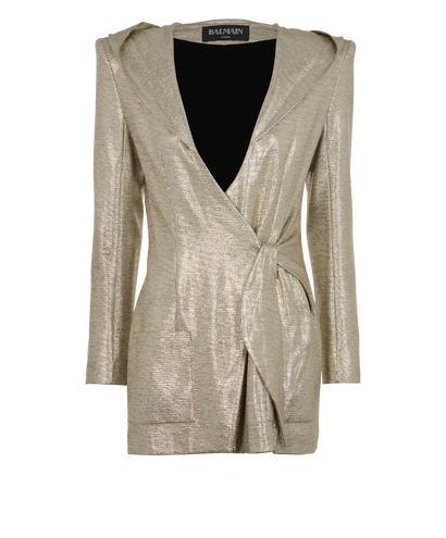 Balmain Hooded Metallic Wrap Blazer, &pound;350, Clothing, Gold, Polyester, Front view